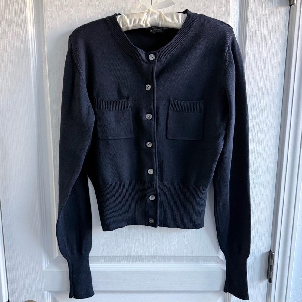 J. Peterman & Co. Cardigan Cropped Crewneck Merino Wool/ Cotton Blend Navy Sz S